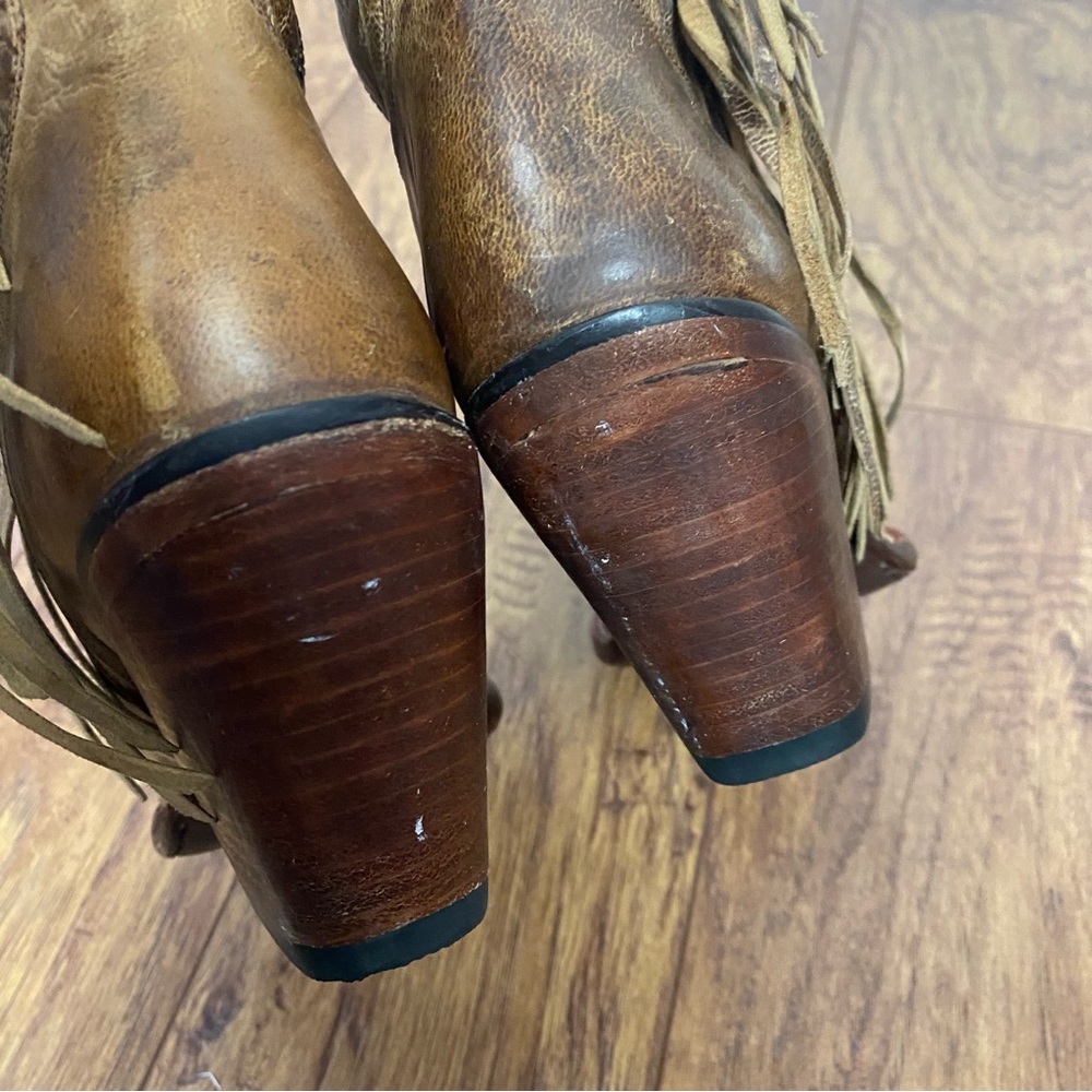 Lucchese Brown Leather Fringe Star Tall Heeled Boots - Picture 6 of 12